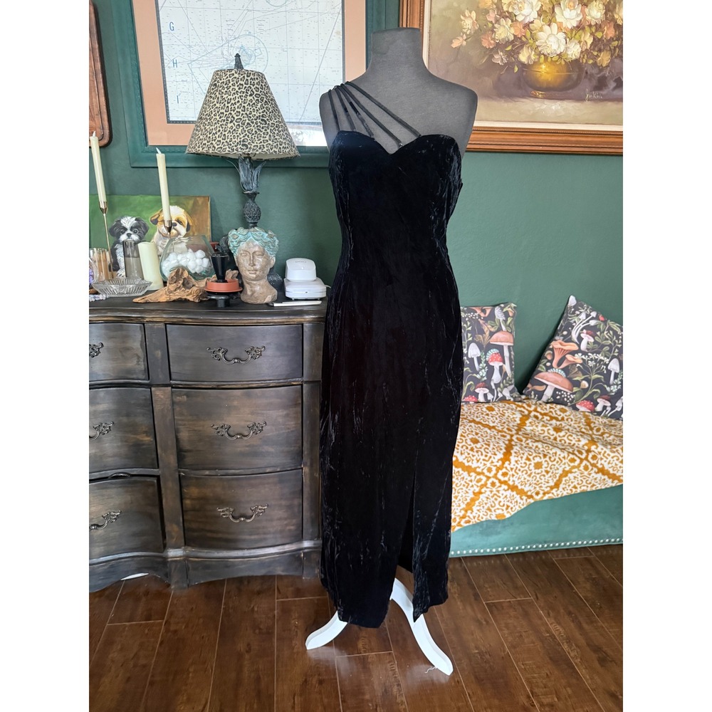 Vintage Black‎ Crushed Velvet One Shoulder Sequin Strap Maxi Dress Side Slit